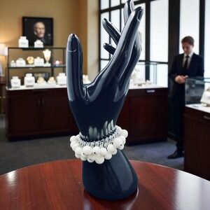 Chunky Silver Chain Bracelet White Beaded Stretch‎ Statement Bold Modern Chic